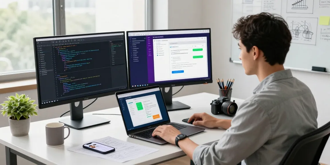Open claw skill workspace with a developer coding and creating skills on dual monitors in a bright office.