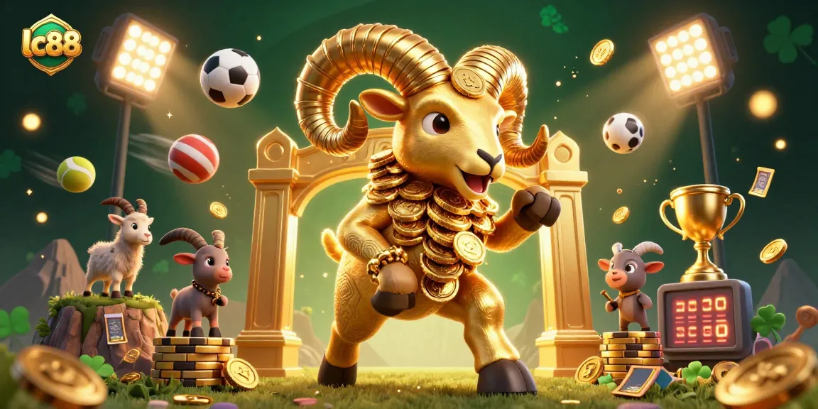 Join the excitement at lc88 with a massive golden ram charging through a dynamic casino scene filled with vibrant game elements.