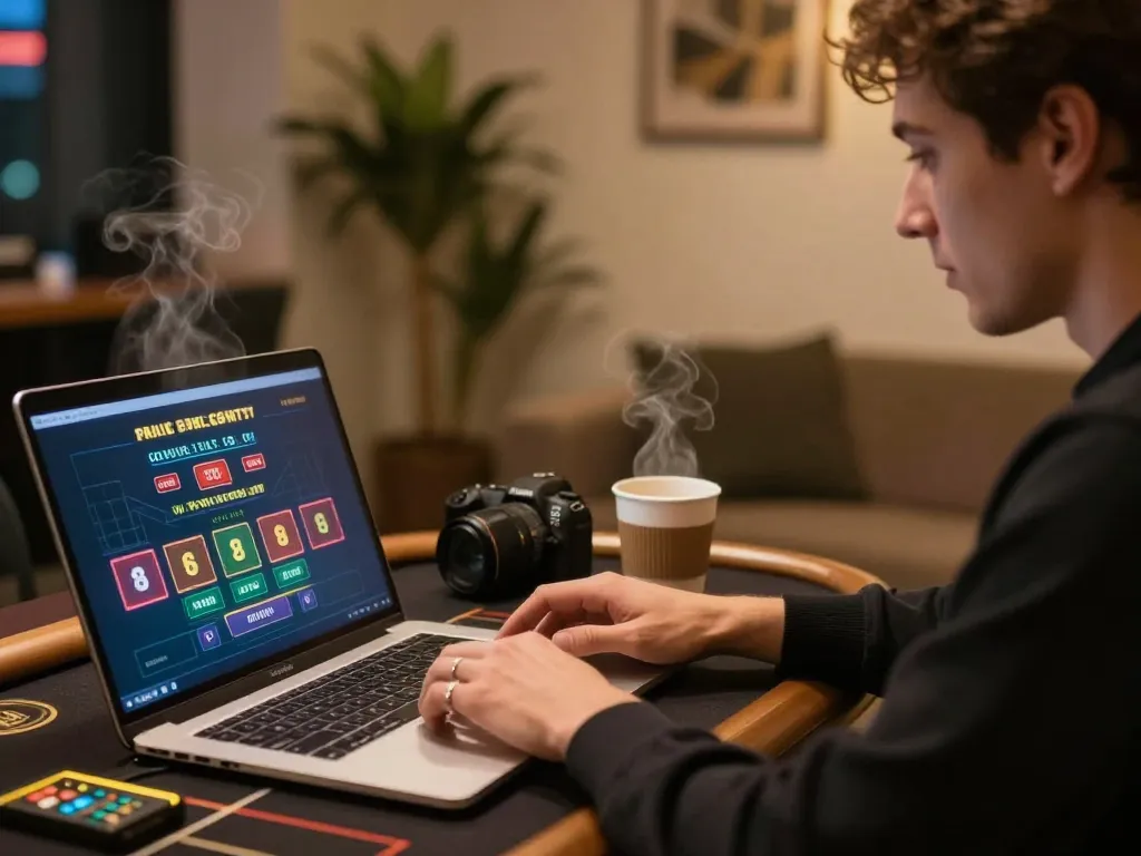 O8 player strategizing during an online casino game session at home with laptop and warm atmosphere.