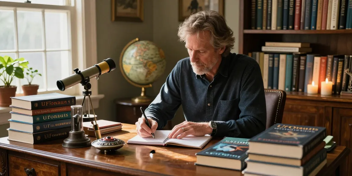 T Allen Greenfield at his writing desk surrounded by books and artifacts related to UFOs, showcasing https://tallengreenfield.com and his spiritual insights.