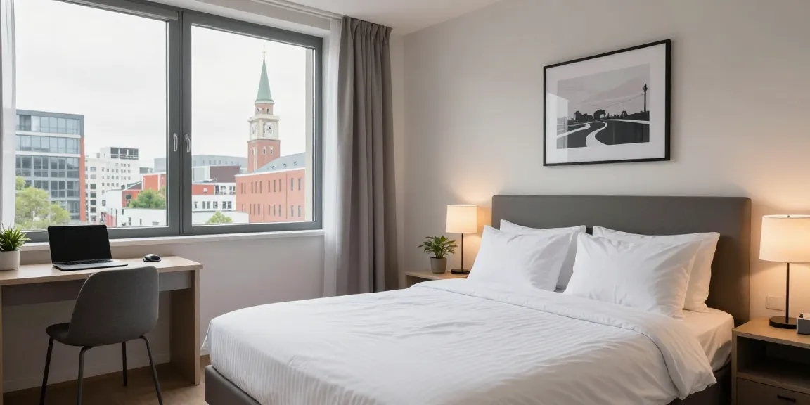 Monteurzimmer Hannover mit gemütlichem Doppelbett und modernem Arbeitsplatz in hellen Farben.