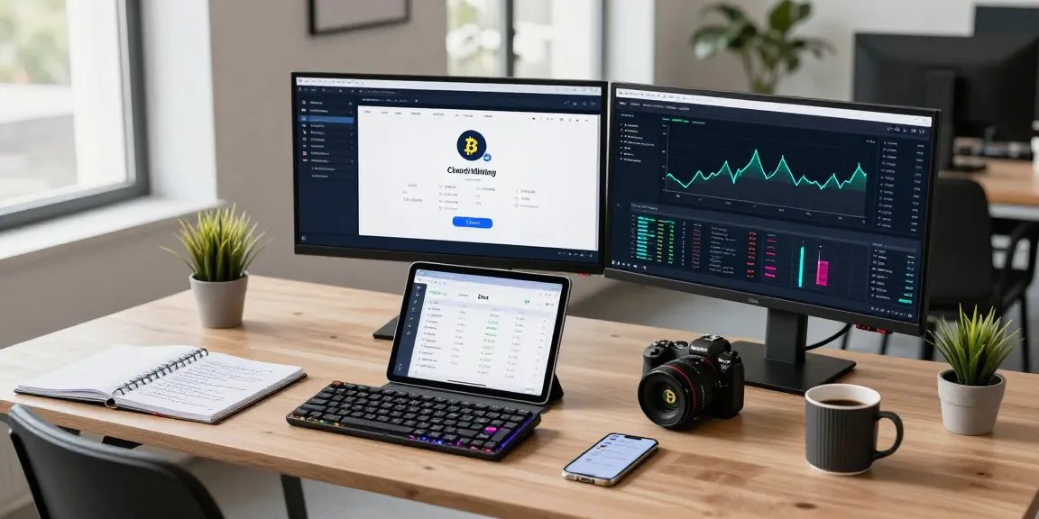 cloud mining without hardware in a modern crypto trading workspace with Bitcoin charts and DeFi platform dashboards