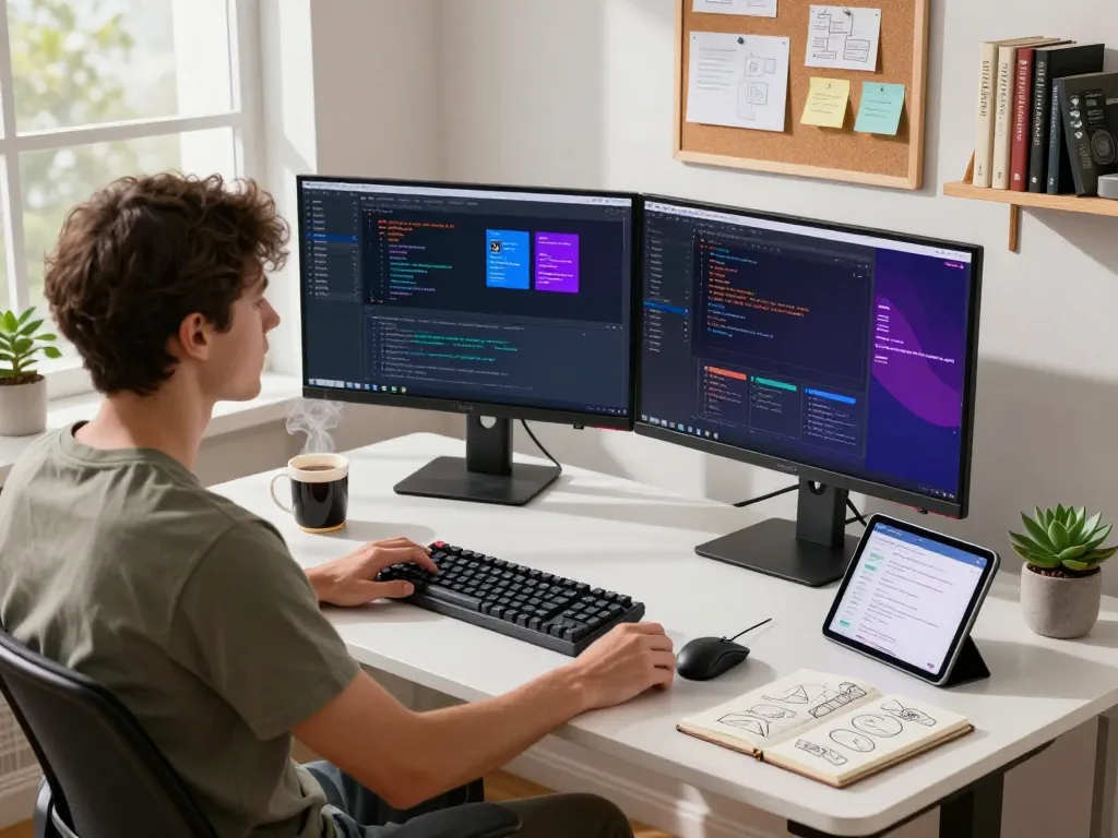 Moltbot software development workspace with dual monitors displaying code, creating a productive tech atmosphere.