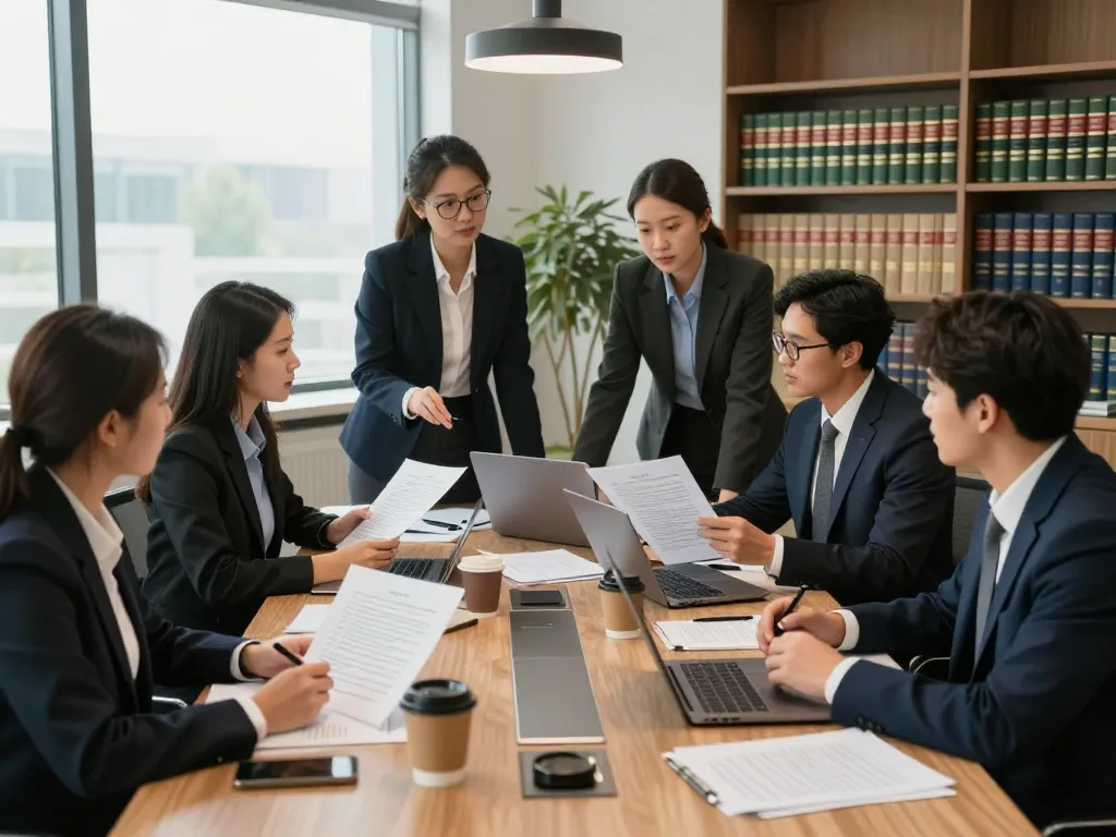 USA lawyers collaborating in a modern law office environment during a strategy meeting.