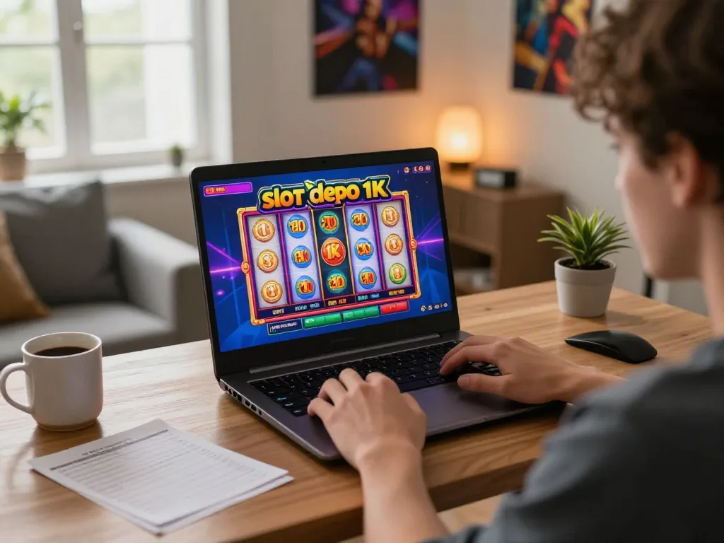 Engaging in slot depo 1k online gaming, showcasing colorful interface and cozy home setup.