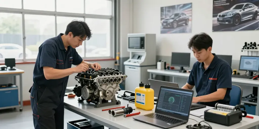BMW werkstatt hannover mechanics diagnosing engine issues in a professional workshop.