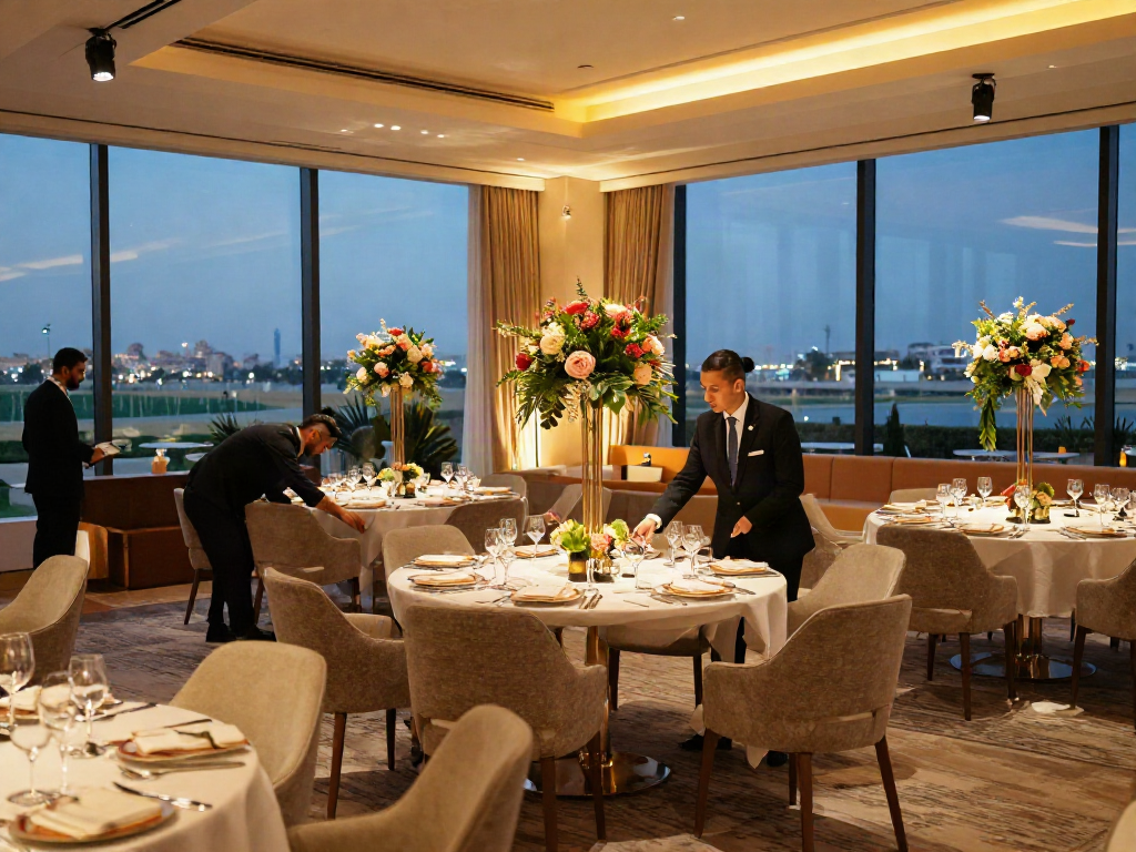 Event rentals setup in a luxurious venue, featuring elegant dining arrangements and decorative elements for corporate events.
