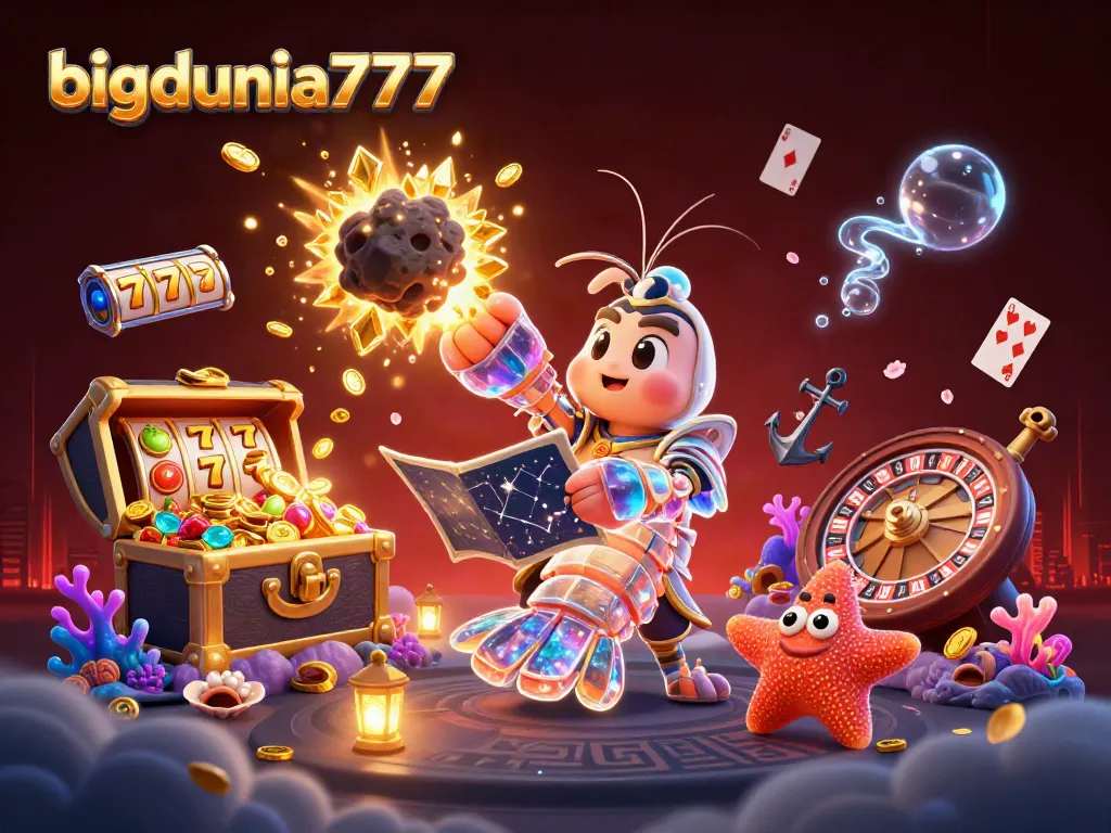 bigdunia777 draws excitement with a dynamic 3D casino scene featuring vibrant slot machines and winning elements.