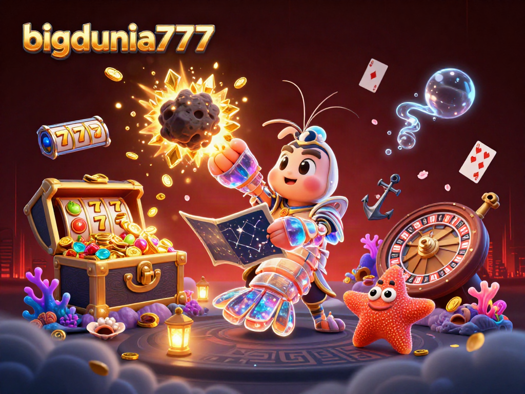 bigdunia777 draws excitement with a dynamic 3D casino scene featuring vibrant slot machines and winning elements.