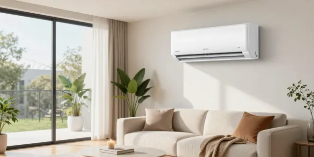 Stylish living room featuring an 18k BTU mini split air conditioning unit for efficient cooling.