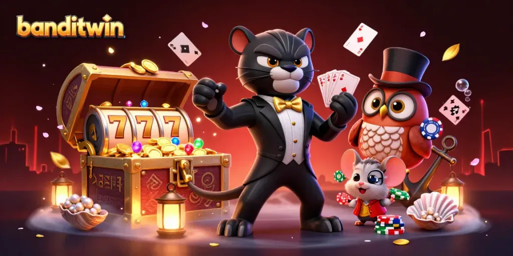banditwin menampilkan panther elegan, burung hantu, dan tikus keberuntungan dalam suasana kasino yang meriah.