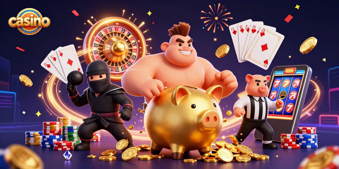 Exciting casino scene with a golden piggy bank sumo wrestler, shining coins, and vibrant sparks.
