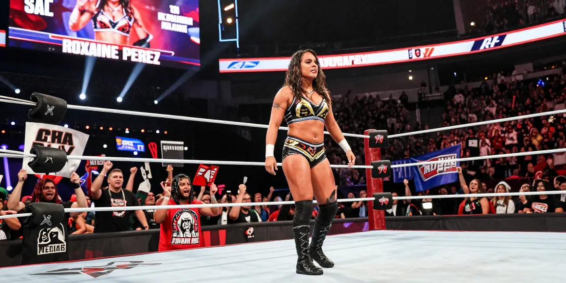 Roxanne Perez making a dynamic entrance in the wrestling ring, captivating fans with her iconic style.