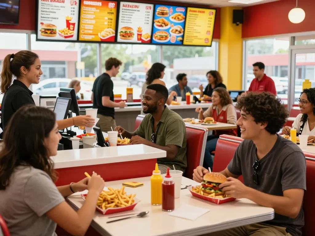 Fast food menu displayed at busy restaurant with customers enjoying meals in a vibrant atmosphere.