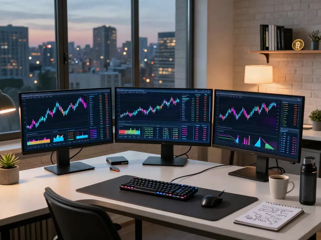 Cryptocurrency trading workspace showcasing financial market data provider tools, including monitors displaying Bitcoin and DeFi analytics.
