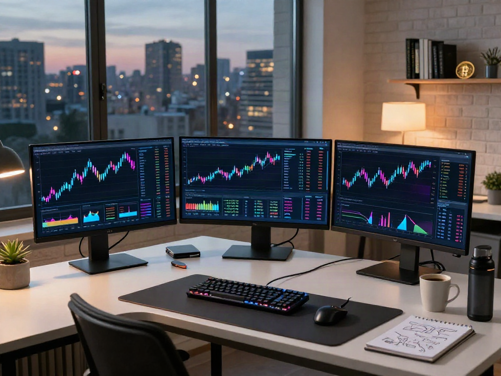 Cryptocurrency trading workspace showcasing financial market data provider tools, including monitors displaying Bitcoin and DeFi analytics.