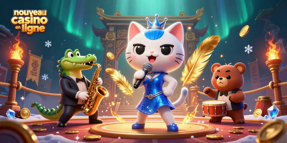 Plongez dans l'univers d'un nouveau casino en ligne avec un chat chanteur, un crocodile saxophoniste et un ourson batteur, entourés de pièces d'or et d'effets de fumée.