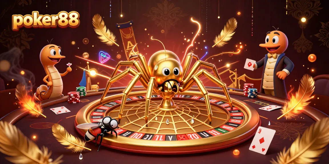 Bet and win at poker88 with lively characters including a golden spider and centipede dealer.