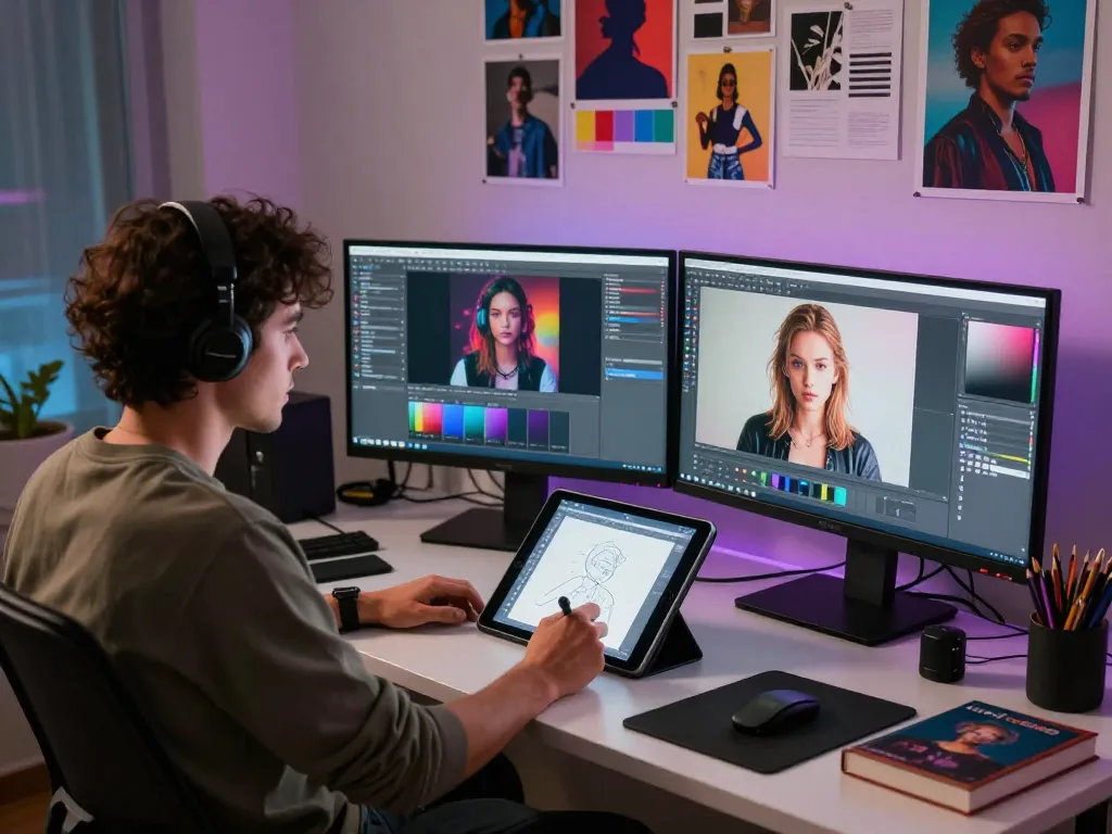 Graphic designer creating AI porn visuals in a modern workspace.
