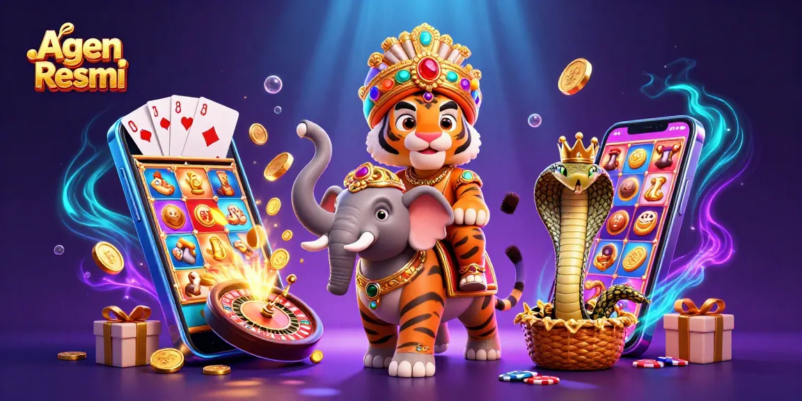 Agen Resmi showcases a vibrant scene featuring a 3D cartoon maharaja tiger, a jewel-encrusted elephant, and a crowned cobra amidst exciting slot game elements.