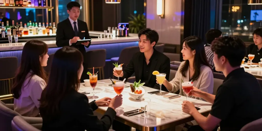 강남 구구단의 독립된 룸에서 손님들이 즐거운 시간을 보내는 모습