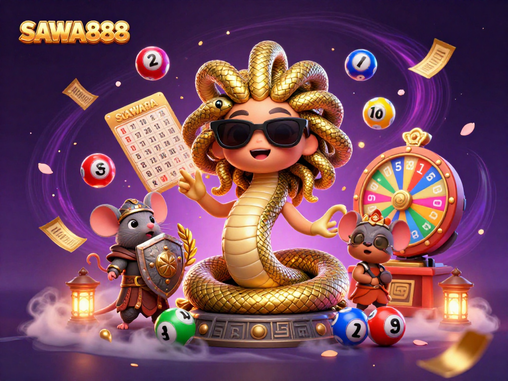 Experience the thrilling excitement of SAWA888 with a vibrant 3D casino scene featuring Medusa and gaming elements.