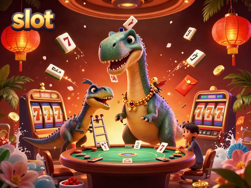Menang di slot dengan brontosaurus bertinggi langit, raptor membagikan kartu dalam suasana kasino ramai.