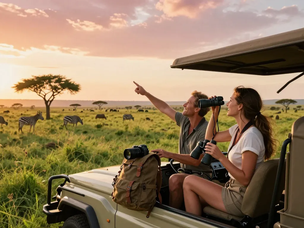 Tanzania local tour operators enhance safari experiences with authentic adventures in the Serengeti, capturing joyful travelers in a stunning landscape.