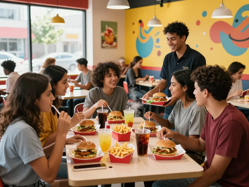 Delightful fast food menu offerings enjoyed by friends in a lively restaurant.
