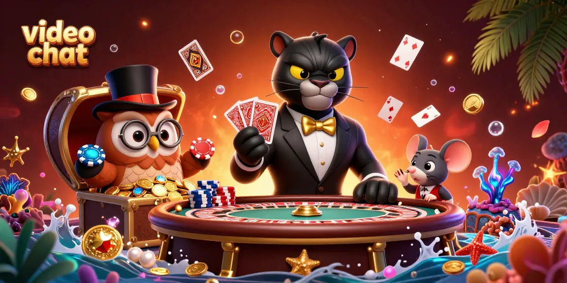 Engage in video chat with a stylish panther dealer in a lively casino scene filled with poker elements.