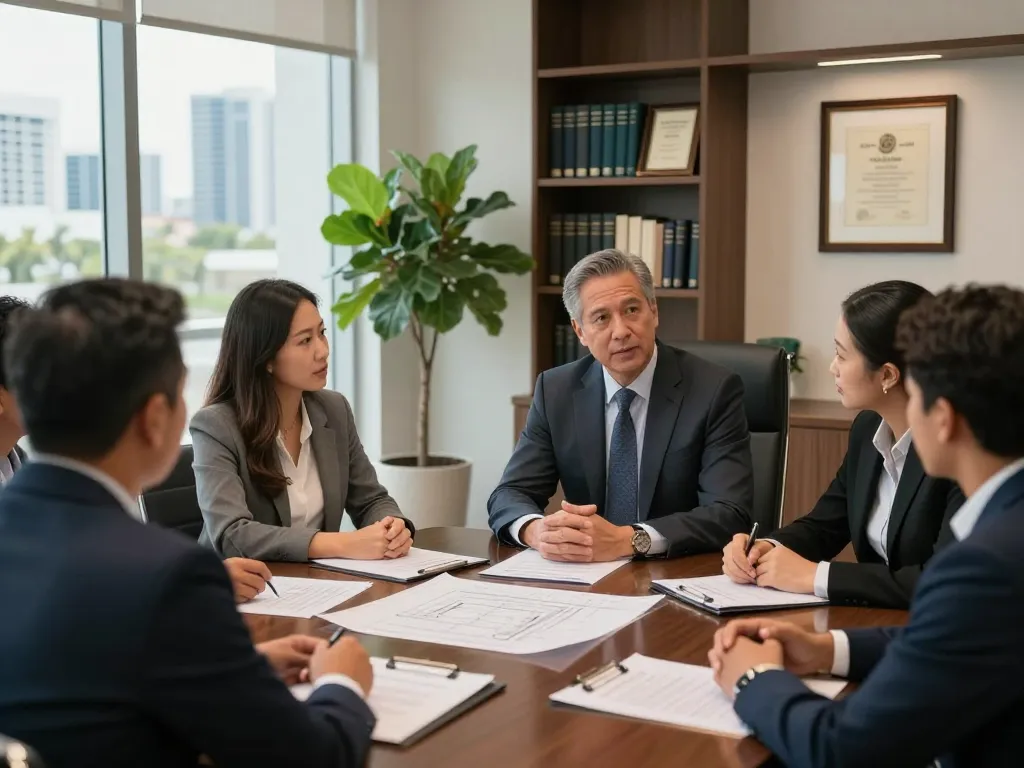 Boca Raton Construction Litigation Lawyer consulting contractors in a modern office