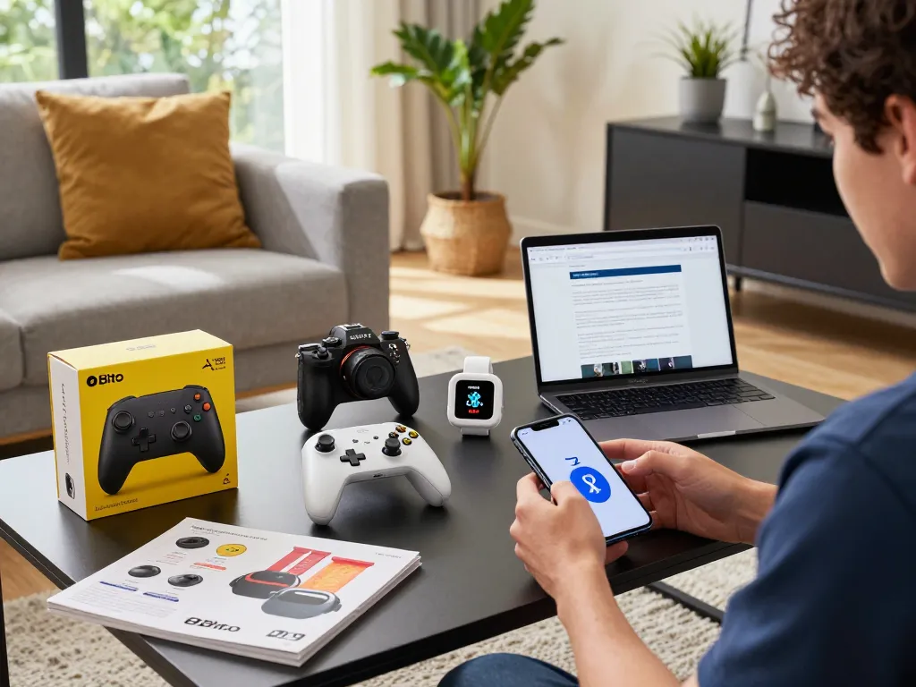 Discover cool tech gadgets under $129 in a cozy living room with Bluetooth devices and a tech-savvy individual.