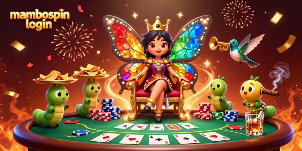 Gambarkan mambospin login dengan ratu kupu-kupu berwarna cerah dan elemen kasino ramai