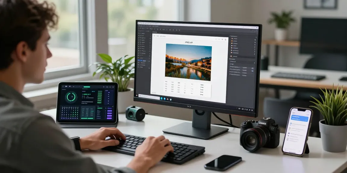 Tech specialist using an ai image checker software in a modern workspace with vibrant atmosphere and digital elements.