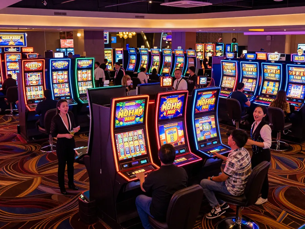 Players engaging in various game bài nổ hũ on a colorful casino floor, filled with excitement and vibrant slot machines.