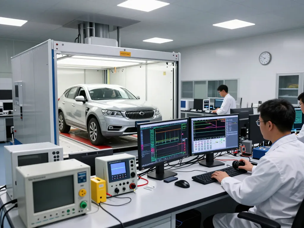 Vehicle EMC testing in a high-tech laboratory with technicians conducting tests.