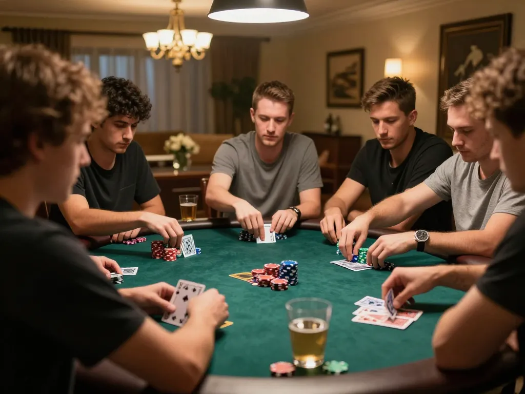 RR88 players engage in an intense poker game in a luxurious home setting, showcasing high-stakes action and camaraderie.