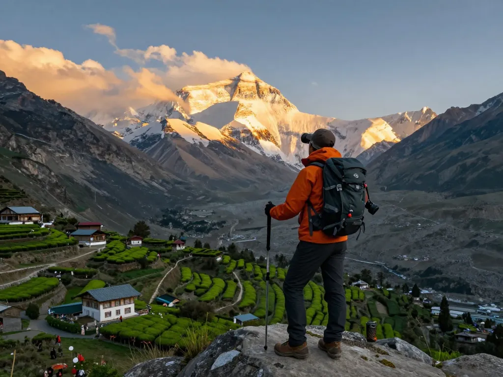 Person on Everest Base Camp Trek with Helicopter Return enjoying breathtaking views at Kalapatthar.