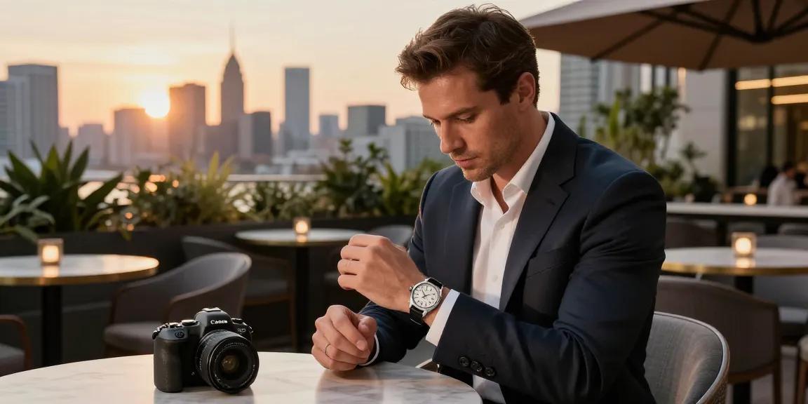 Stylish man examining a replica watch in an upscale urban café setting during sunset.