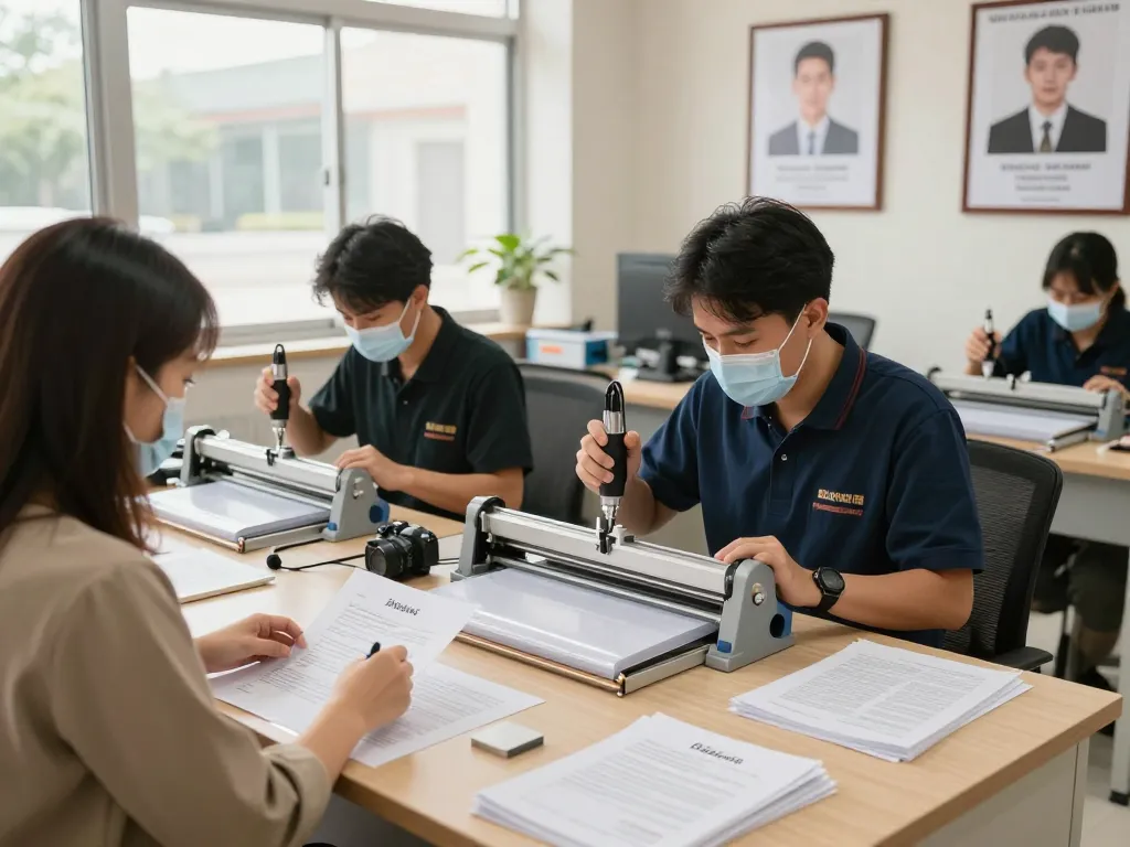 Dịch vụ bóc ép plastic at a modern service center, showcasing skilled technicians restoring laminated documents.