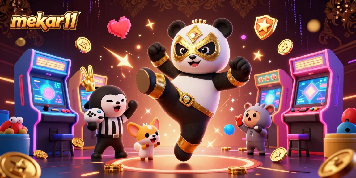 Join the action at mekar11 as the panda wrestler performs a flying kick during a lively casino gaming competition.