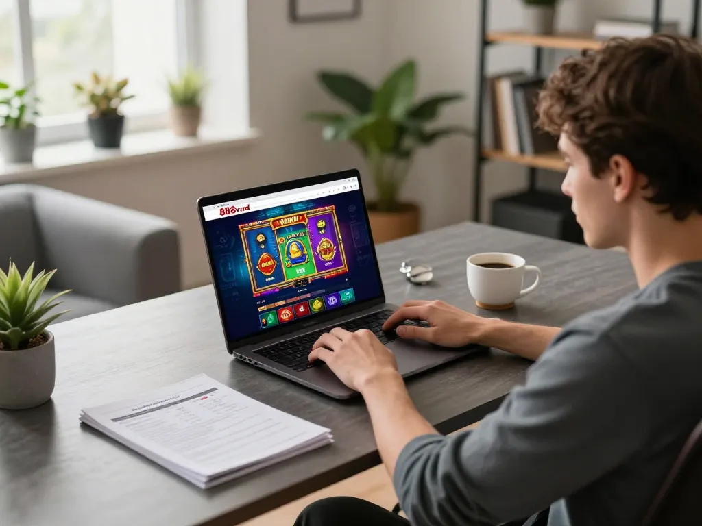 Engaging in 888vnd online gaming at home with strategic notes and vibrant slot games.