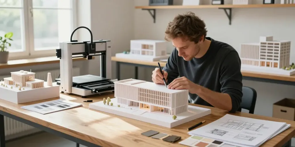 Architectural model maker Austria carefully constructs a detailed facade model in a well-lit studio.