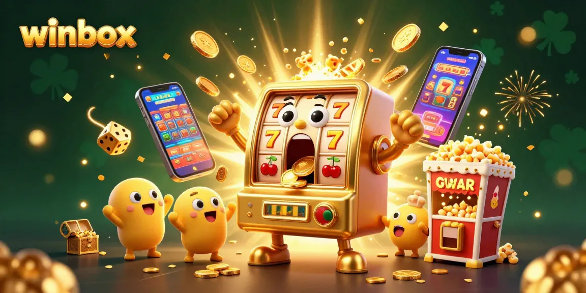 Winbox slot machine hits jackpot amidst cheering baby machines, illustrating vibrant casino excitement.