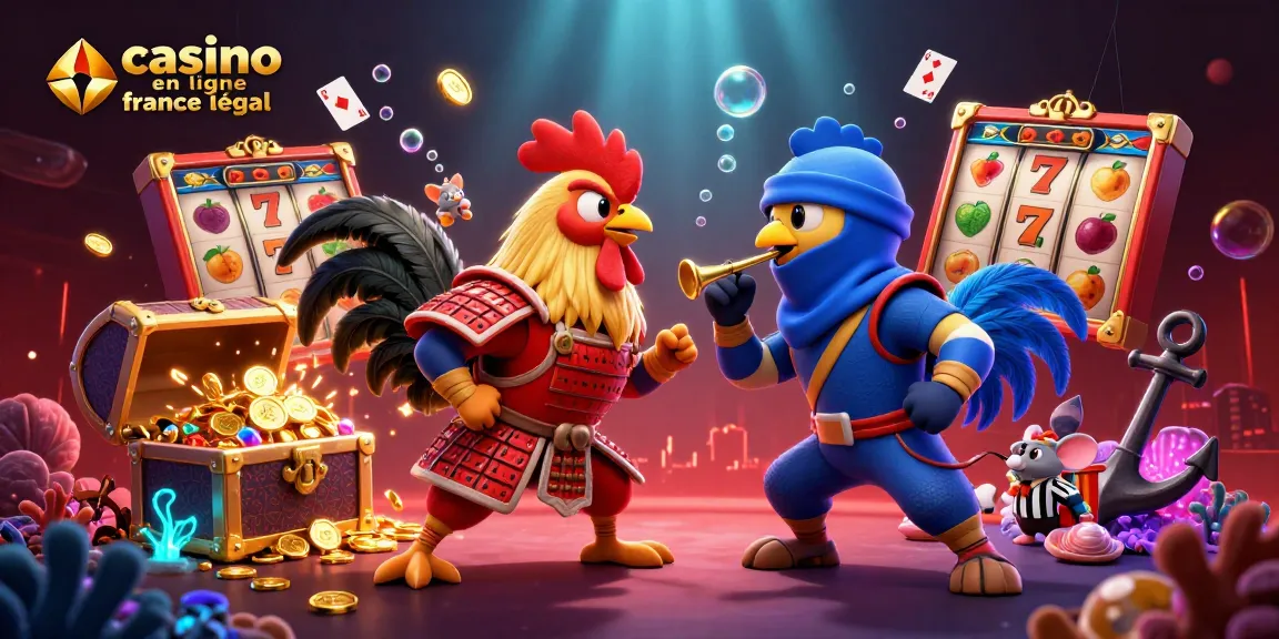 Célébrez le casino en ligne légal en France avec des jeux excitants montrant un combat de coqs en 3D.
