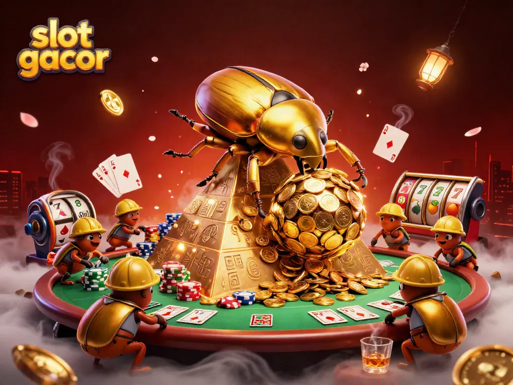 Engage with slot gacor through an animated scene of golden beetles rolling coin-packed balls amidst slot reels and poker chips.