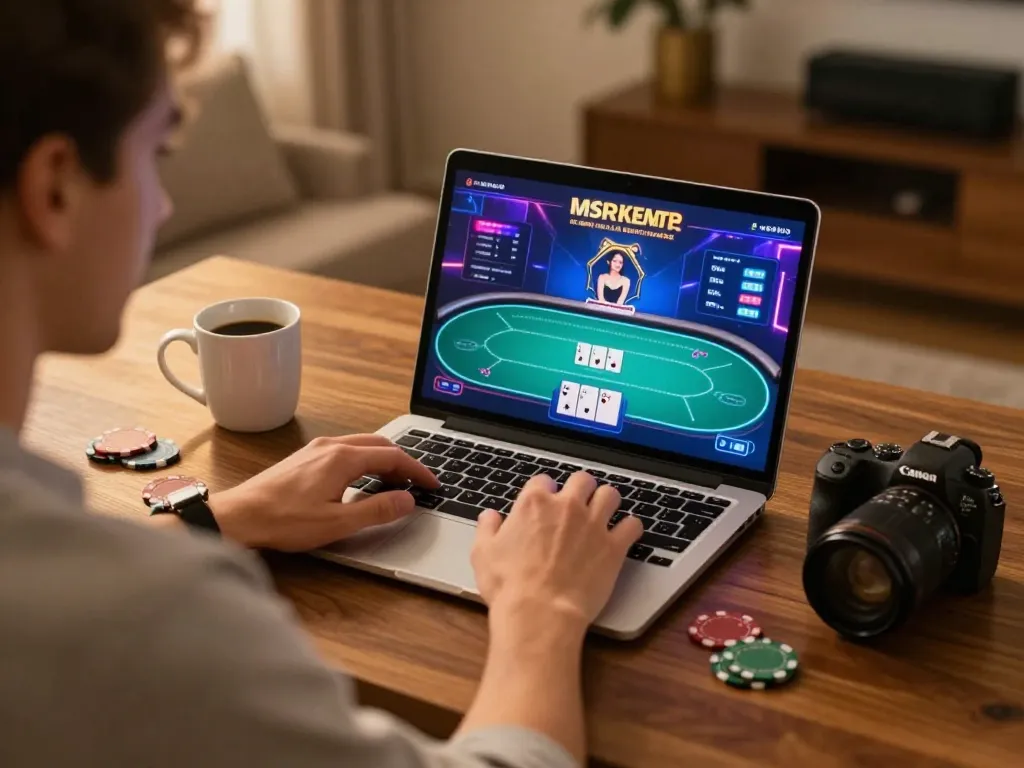 Player enjoying poker on 888now in a cozy home environment, emphasizing strategic gameplay.