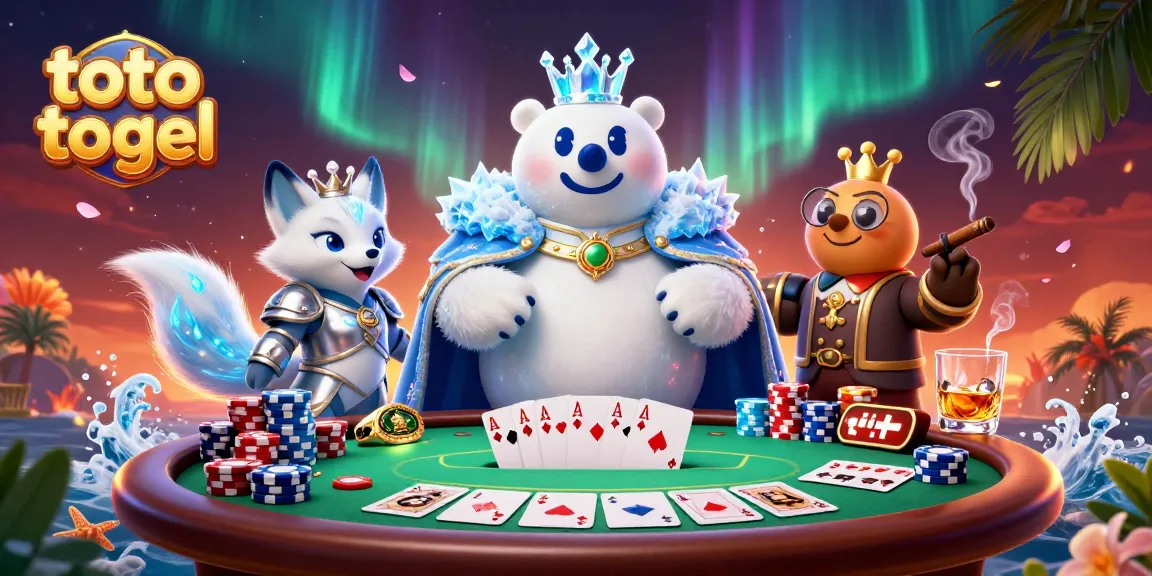 Win at toto togel with a dynamic scene showcasing a royal polar bear and armed fox at a poker table.