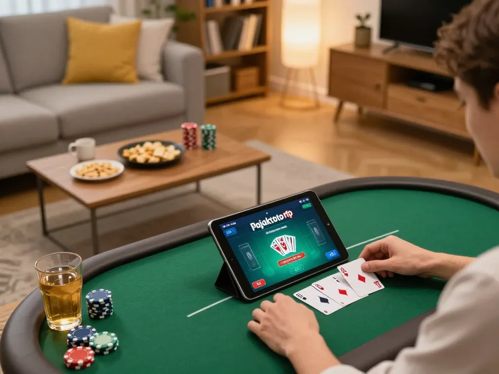Engage in online gaming with pajaktoto rtp at a cozy home setup featuring a person playing on a tablet.
