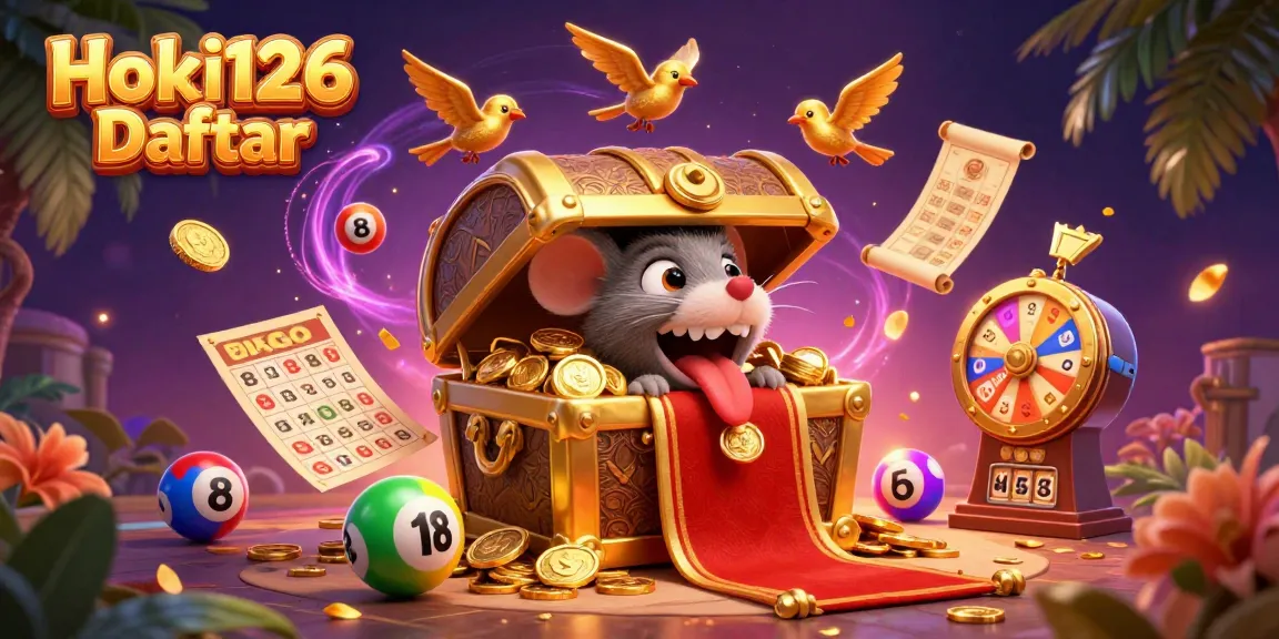 Engage with Hoki126 Daftar’s lottery excitement, illustrated with vibrant dynamics and golden treasures.